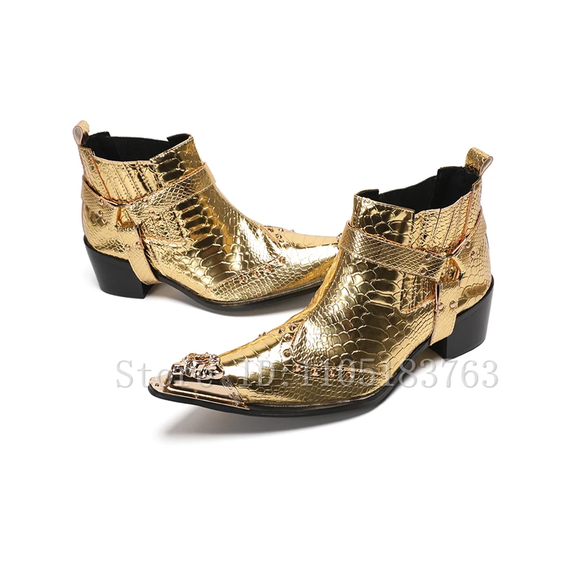Luxury Gold Snake Pattern Patent Leather Men Ankle Boots Pointed Toe Thick Heel Buckle Strap Short Boots for Party Stage Perform