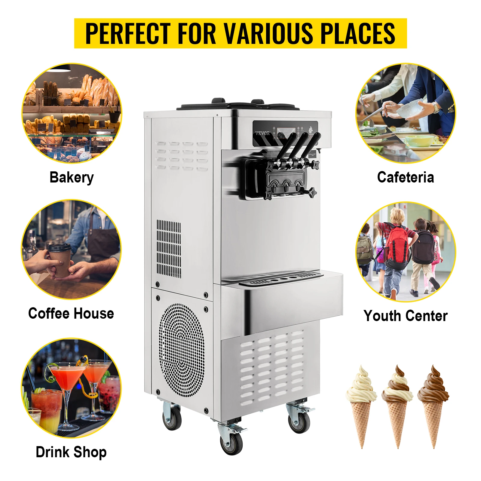 VEVOR 20-28L/H Commercial Soft Serve Ice Cream Machine 2450W Frozen Yogurt Maker Tricolor Flavor Sweet Cones Vending Machine