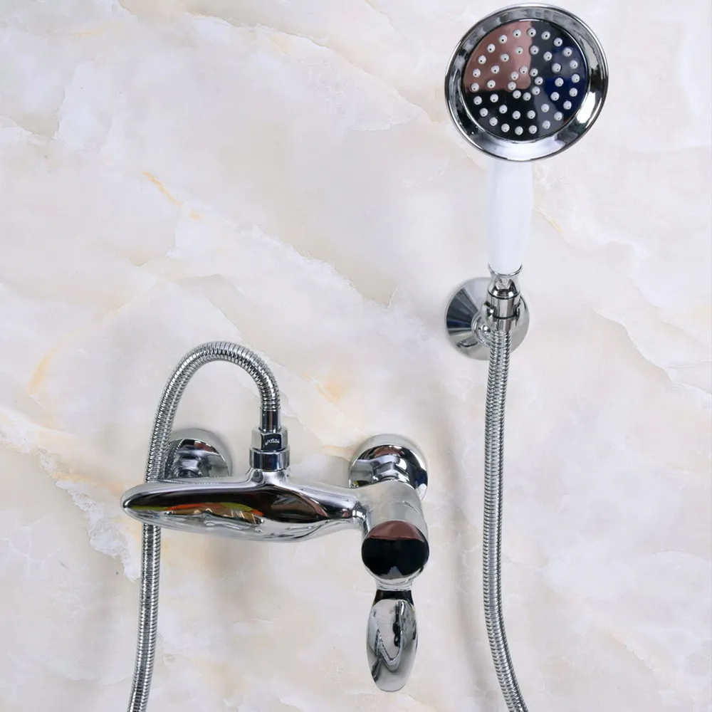 

Polished Chrome Brass Wall Mount Bathtub Faucet with Handheld Shower Set +1.5M Hose Mixer Tap 2na269