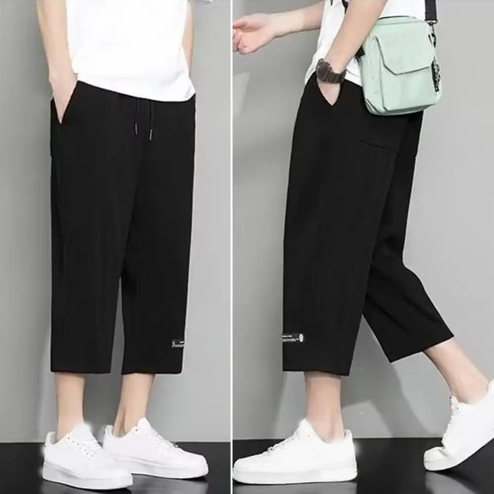 Casual Men Trousers Men's Ice Silk Mid-calf Drawstring Pants Lightweight Breathable Trousers with Elastic Waist for Quick