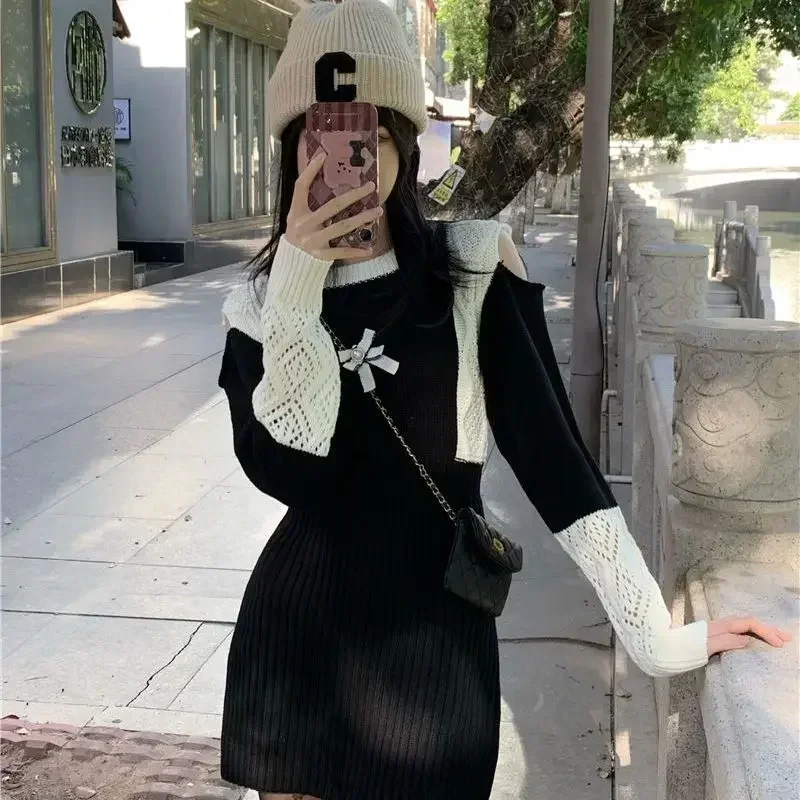 Crochet Dresses for Women Vintage Bodycon Black Woman Knitted Dress Cheap Casual Youth Full Sleeve Y2k On Sales Xxl Elegant Chic