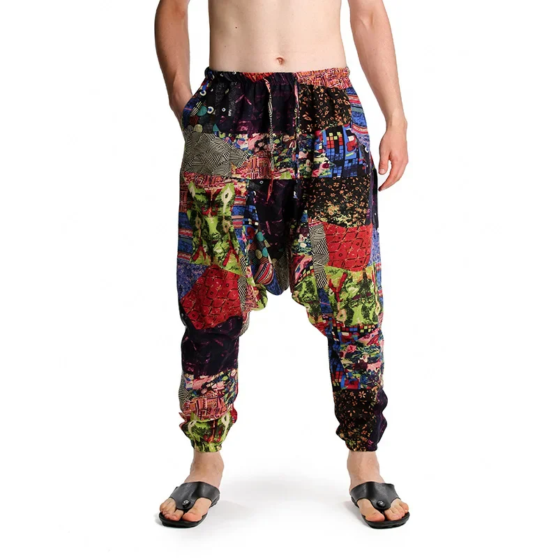 

Men Hippie Harem Pants Baggy Linen Boho Yoga Casual Drop Crotch Trousers Men Hipster Vintage Floral Print Joggers Sweatpants 3XL