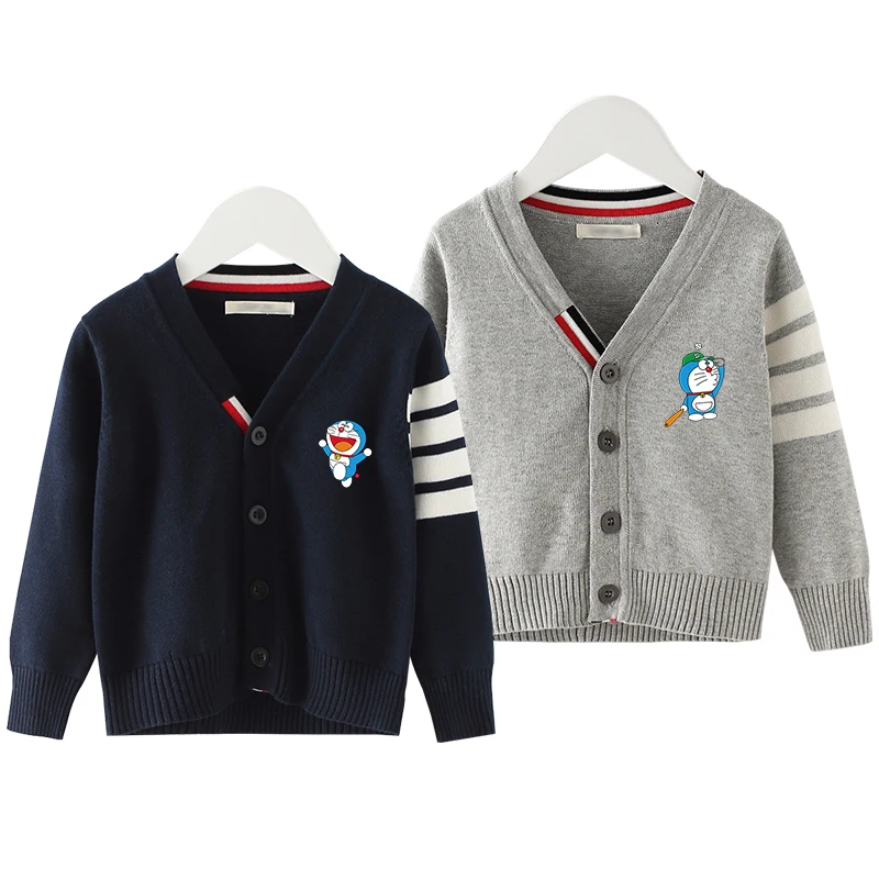 

Осенняя детская одежда Doraemon, детский кардиган из чистого хлопка, свитер в полоску для мальчиков, вязаный свитер с v-образным вырезом, верхняя одежда