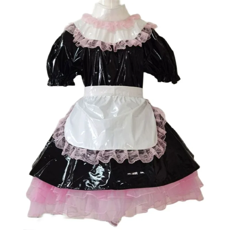 

Adult Giant Baby Sexy Girl Black Thin Short Sleeved PVC Sissy Dress White Apron Maid Role-playing Gothic Custom Lockable