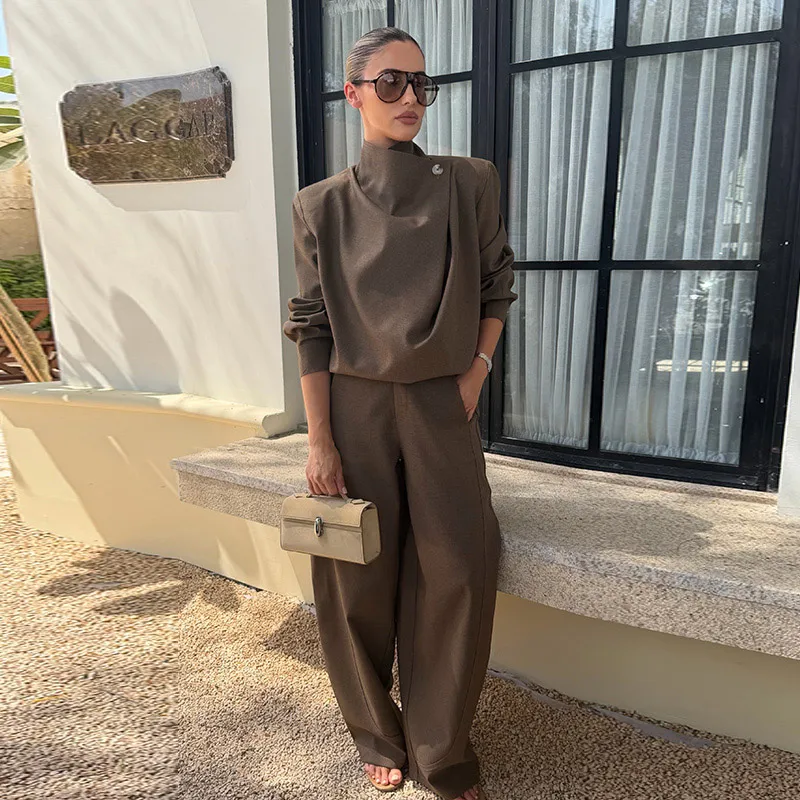 Mantel, Tube Top und Hose 3-teiliges Set für Damen, Sexy Laternenärmel-Jacke mit Reißverschluss, Gerüschte Lose Jacke, Hochgeschnittene Weite Hose, Outfit – Detail 13