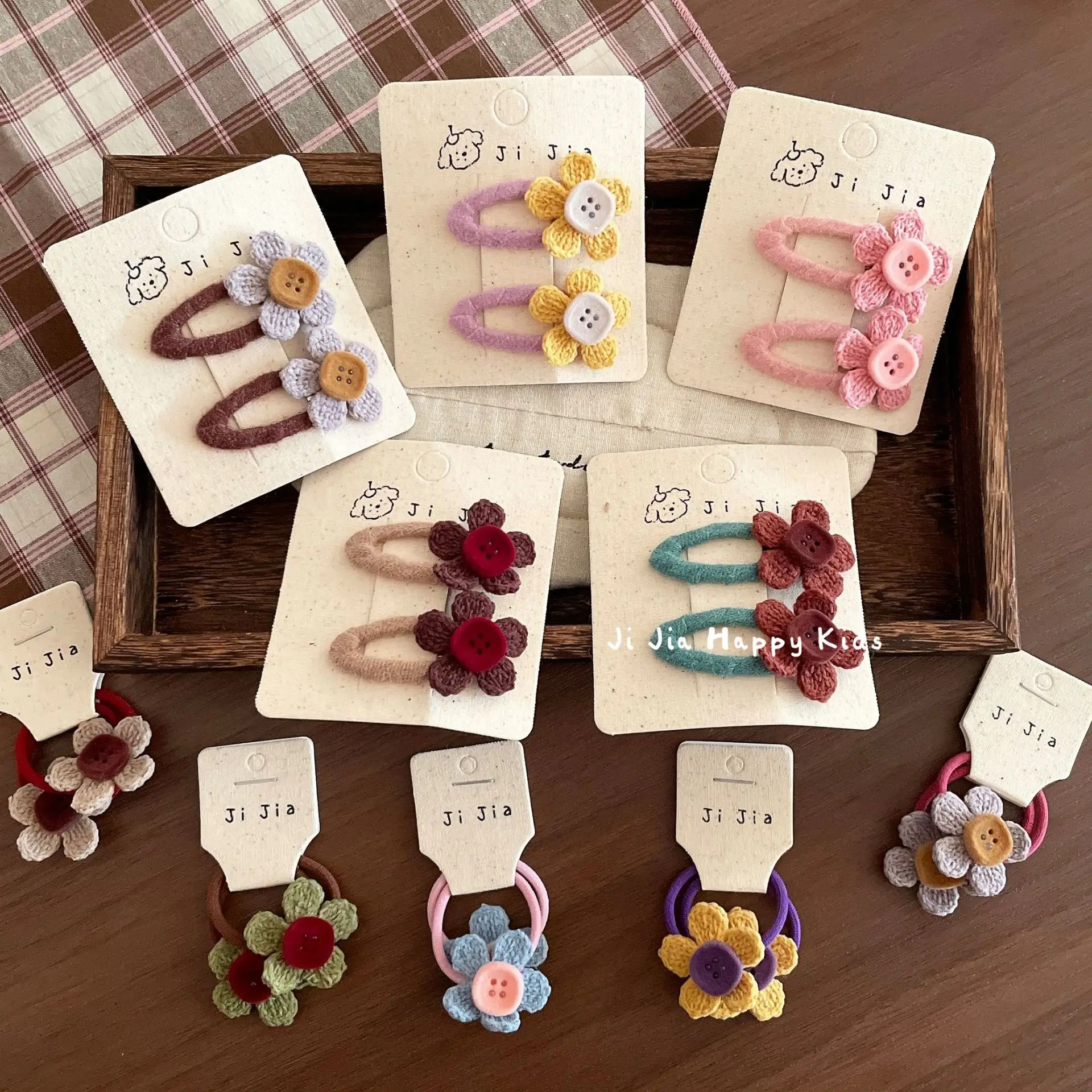 Hair Clips Hair Ties Kids Sweet Pearl Yarn Flower Flocked Button BB Clip Hair Friendly Ponytail Small Colorful Light School
