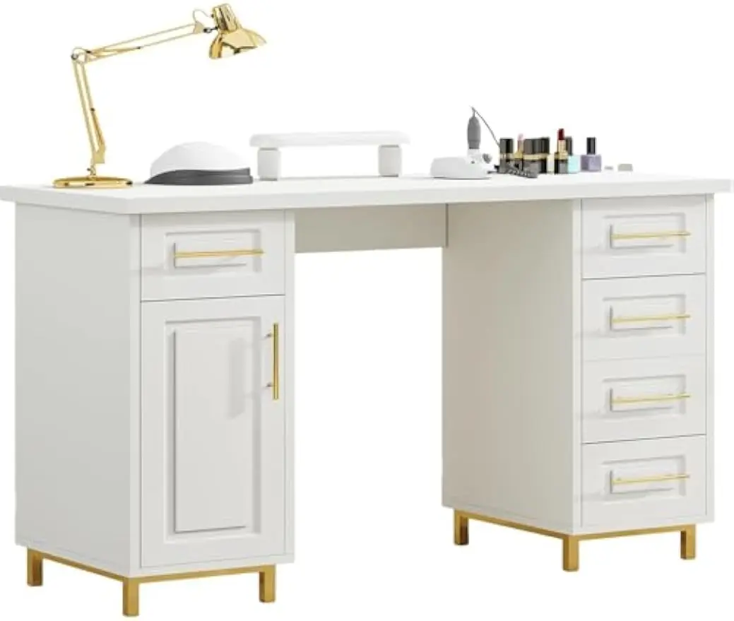 Nail Tech Desk Manicure Table 43 Inch Wooden Storage 5 Drawers Cabinet Nail Station White