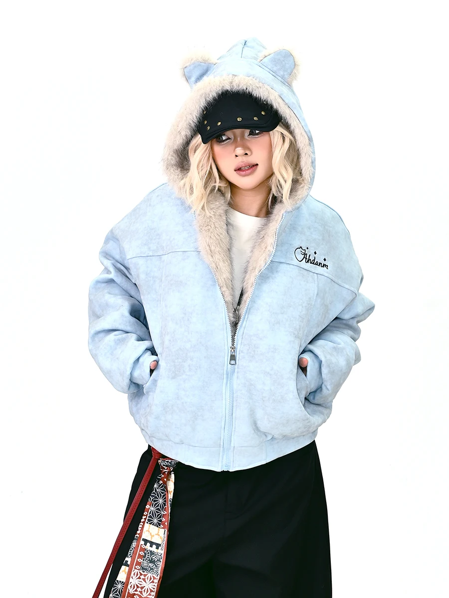 

Knot Dye Fur Collar Loose Women's Jaet Street Sle College Wind Thiened Long Sve Zipper Closure Winter New Arrival