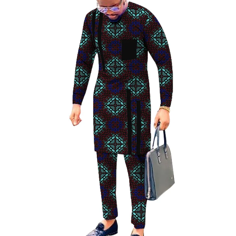 Nigerian Fashion Men's Dashiki Set Black Striped Shirt With Trouser Wax Print African Couture Patchwork Tops Set Tailored