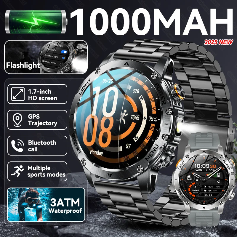 

New 1000mAh Super Large Battery Men Smart Watch 1.7-inch Screen Flashlight Watches GPS 3ATM Waterproof Bluetooth Call Smartwatch