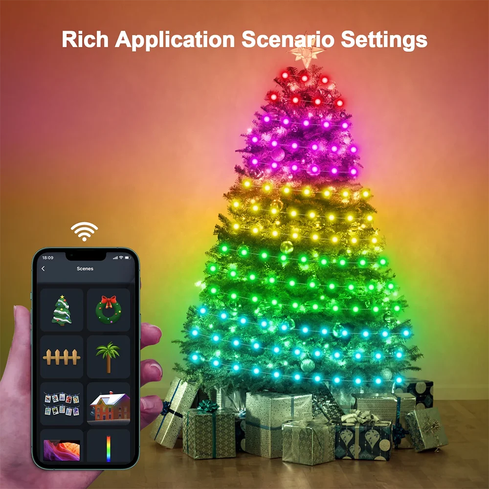 Lampu Peri RGBIC Bluetooth USB 10M 50LED Tali Lampu Natal dengan Aplikasi Remote Control Dekorasi Karangan Bunga Pohon Natal