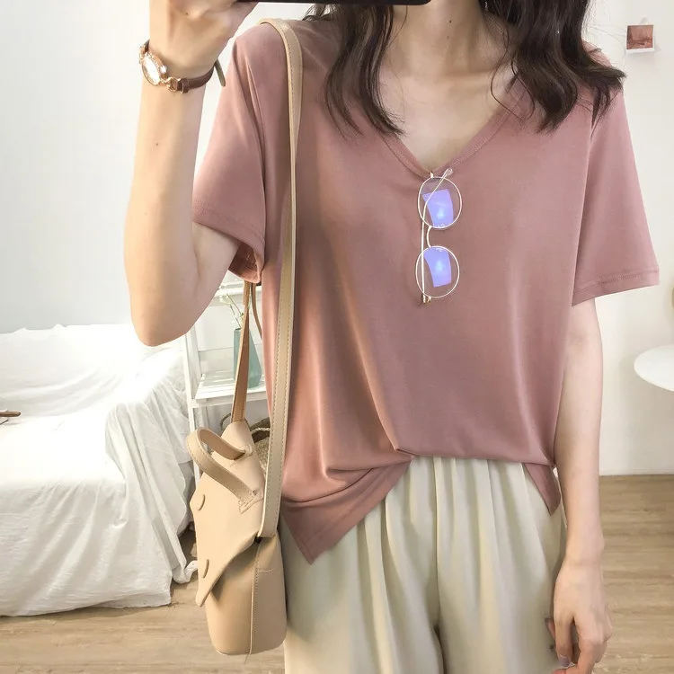 1pcs Girls Summer Solid T-shirts Women Classic Basic Fashion Tees Students Short Sleeve Loose Tops Female V Neck Comfort Tshirts