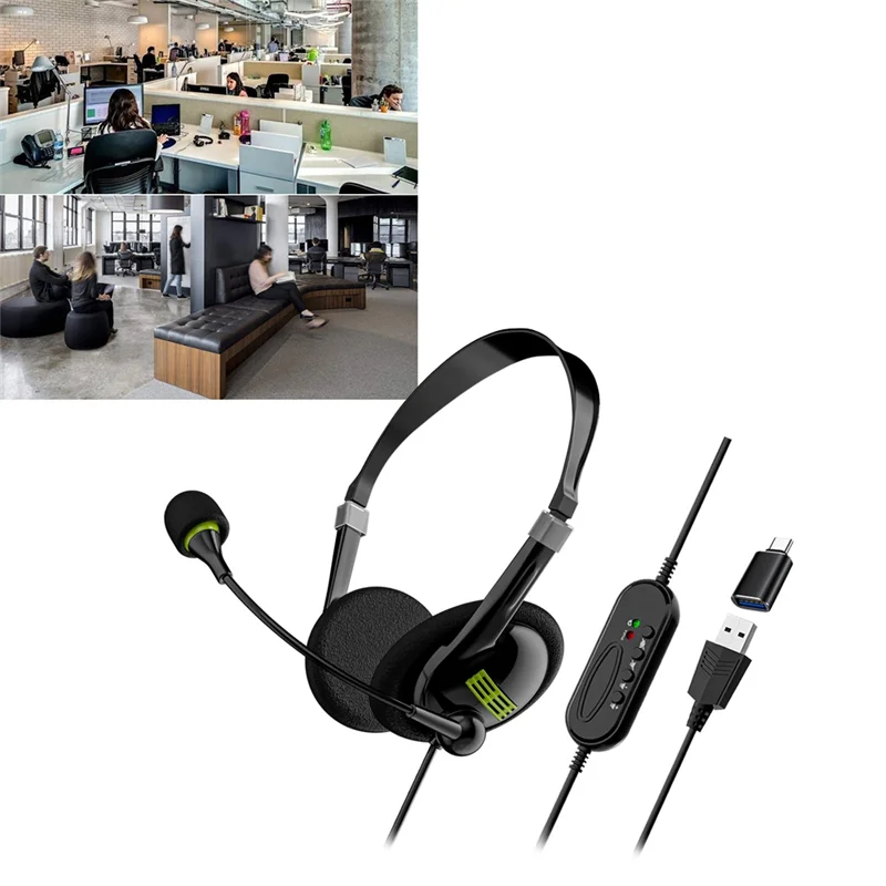 USB Computer Headset Business Operator Special Headset Wired Headset In-Line Control Headset With Typec Adapter, Durable