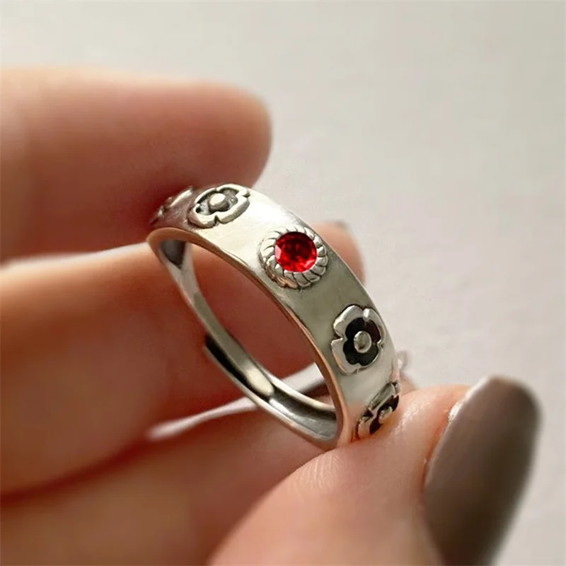 Gothic Punk Style Red Inlaid Zirconia Geometric Adjustable Ring Women's Personalized Hip-hop Trend Holiday Jewelry Accessories