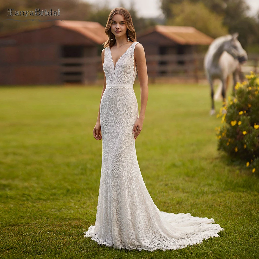 

V-Neck Lace Mermaid Wedding Dresses ,Unique Simple Elegant Bridal gowns Vestido de Noivas DW1070