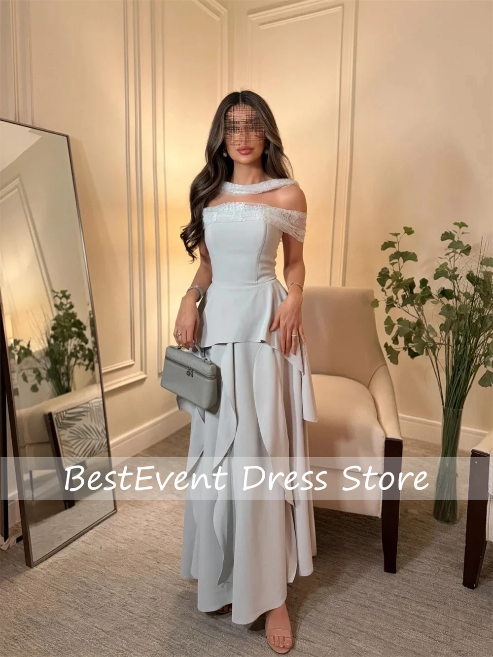 

Customized Simple Sexy Jersey Pleat Ruched Lace A-line Bridal Gown Off-shoulder Ankle Length Evening Dresses for Woman Elegant