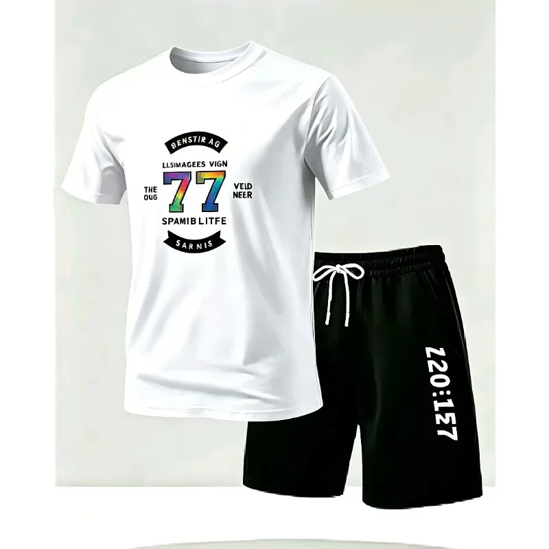 

Summer men's casual short-sleeved T-shirt and shorts sports outfit - comfortable printed lightweight quick-drying set