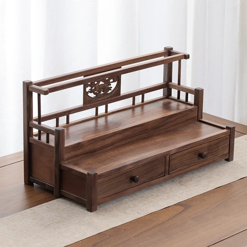 

Tea set storage rack Walnut double-layer Bogu rack Chinese solid wood rack