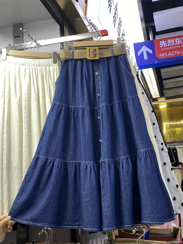blue single-breasted jeans skirt splicing high-waisted long skirt