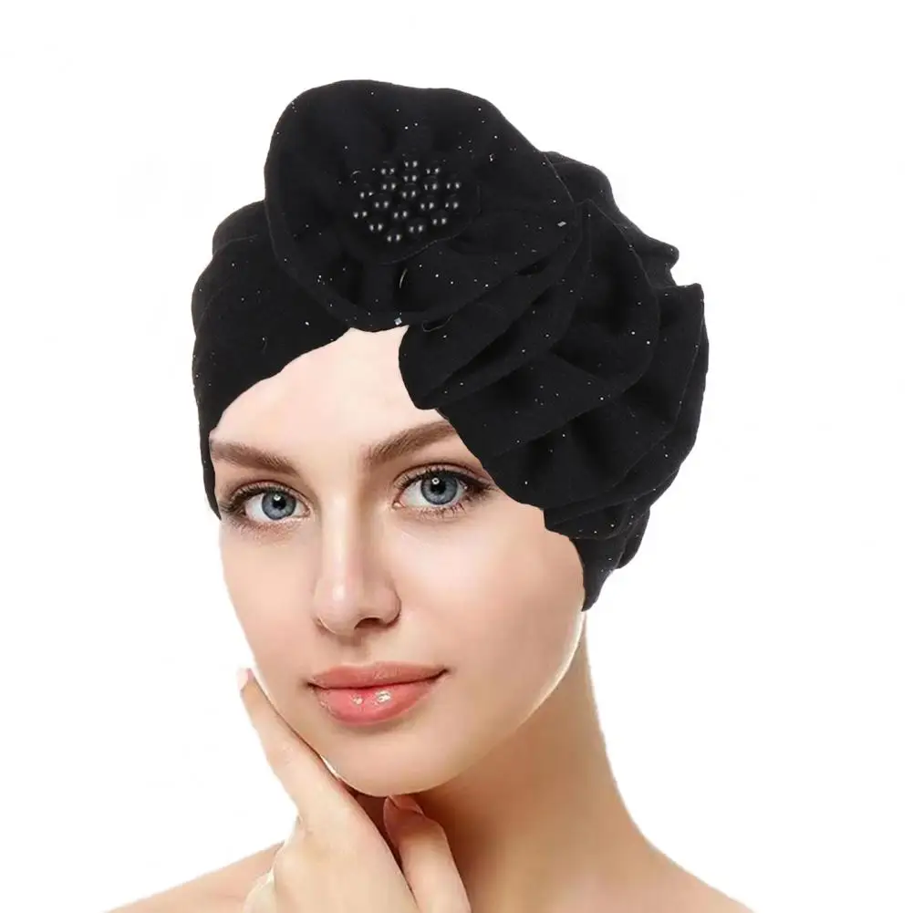 Ladies Elastic Band Hat Stretchable Ladies Hat Soft Breathable Ladies Hat with Flower Faux Pearl Decor Multi Layers Solid Color