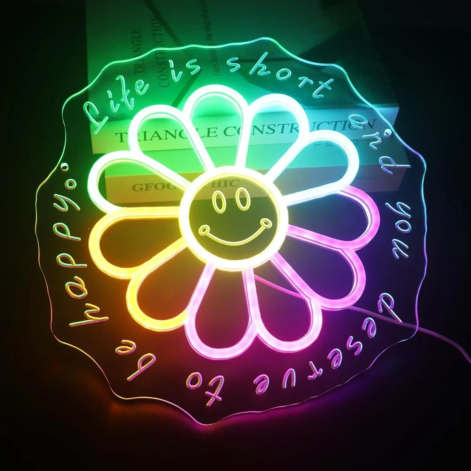 

Life is Short You Deserve to be Happy Neon Sign Flower Smiley Face LED Lights for Bar Bedroom Living Room Cafe Salon Wall Decor