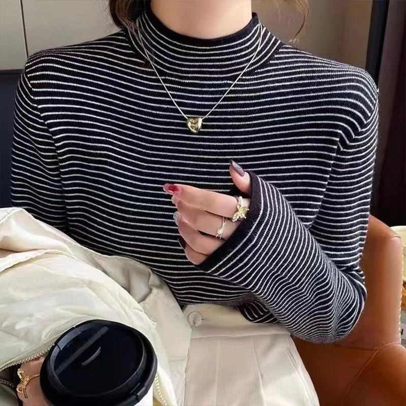 Ropa de mujer, jerséis de punto a rayas que combinan con todo, Otoño Invierno, nuevos suéteres elegantes ajustados de manga larga con cuello medio alto, Top