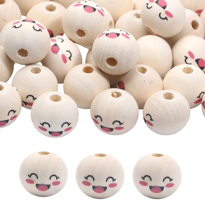 Wooden Balls Spacer Beads Necklaces Bracelets 20mm 10pcs Cute Laugh Round Balls Beads For Jewelry Making DIY Crafts Accessories