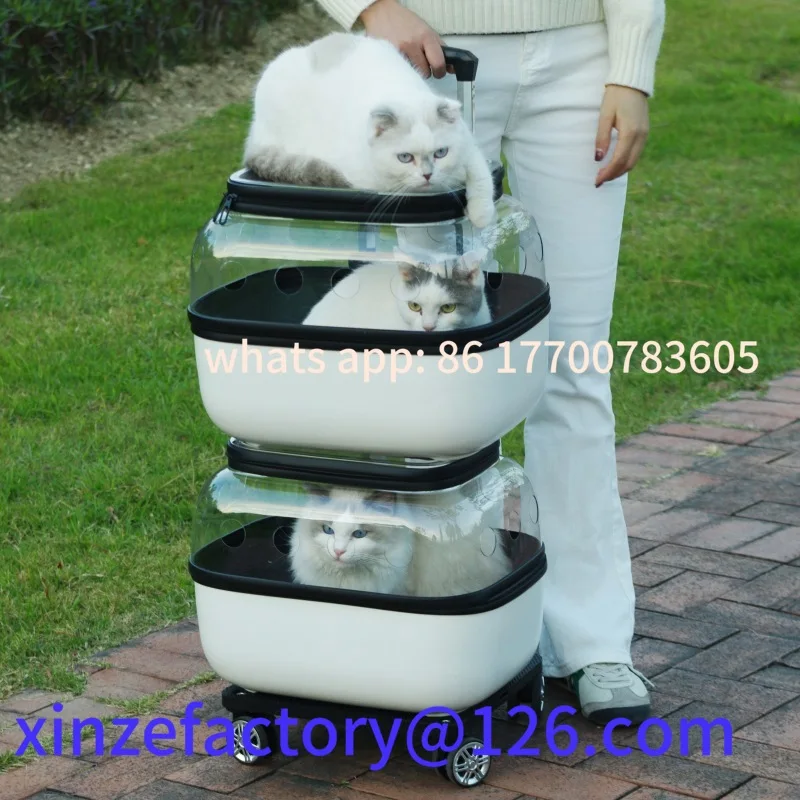 

Customizable Double Layer Outdoor Cat Trolley Bag Wheels Carrier Transparent Cats Strollers 2 Cats Cheap Breathable Pet Supplies