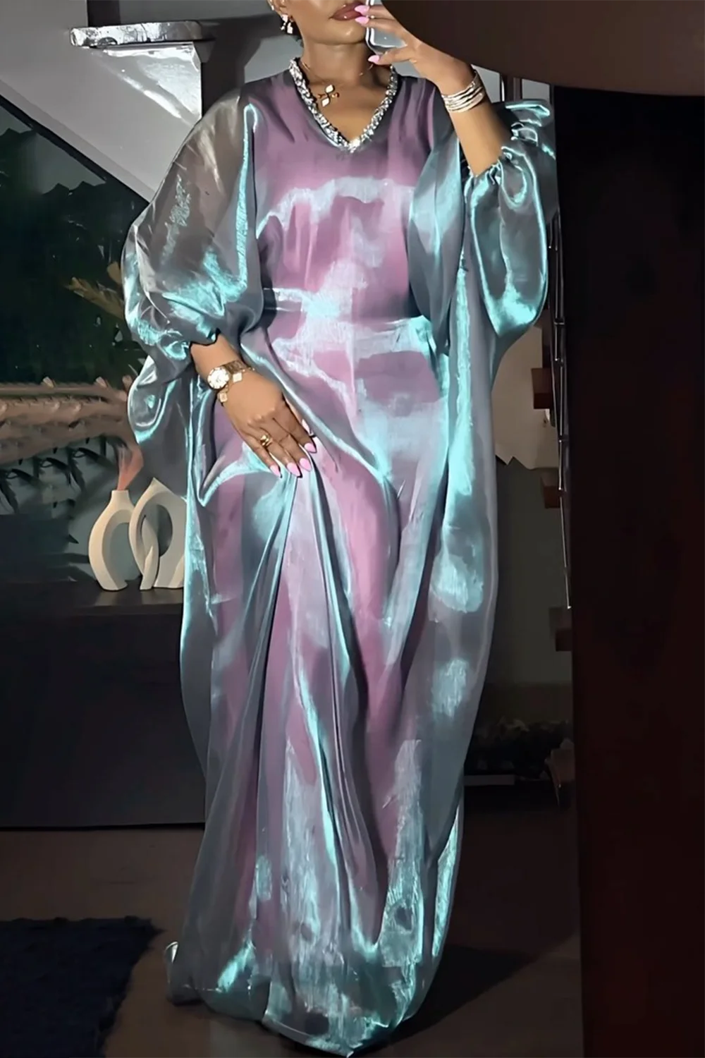 

Plus Size Spring Summer Formal Purple Organza V Neck Lantern Sleeve 3/4 Sleeve Rhinestone Maxi Dresses 2025