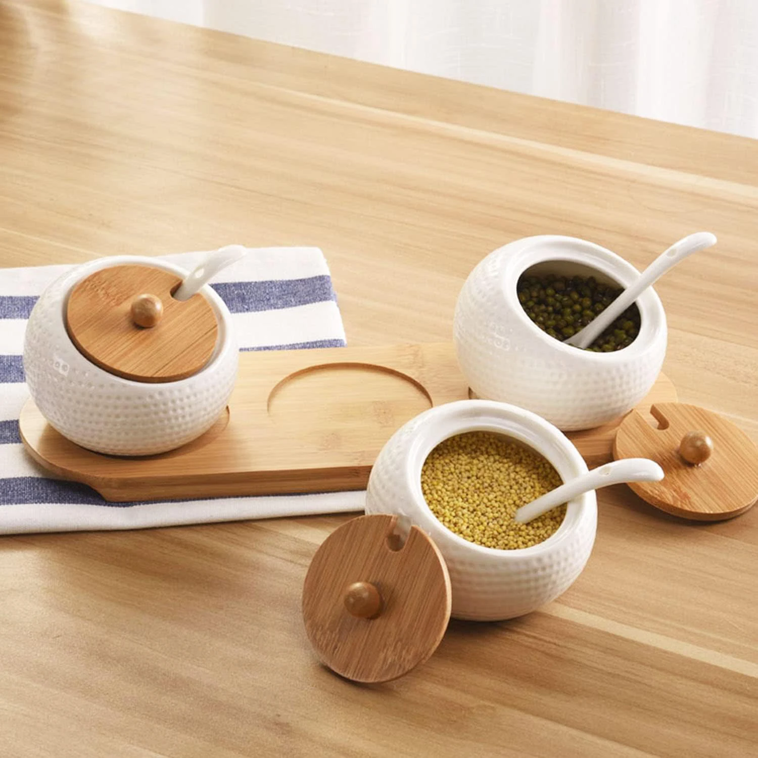 Porcelain Condiment Jar Set, Spice Container with Bamboo Cap, Wooden Tray, Cruet, Ceramic Serving Spoon for Kitchen, Home,