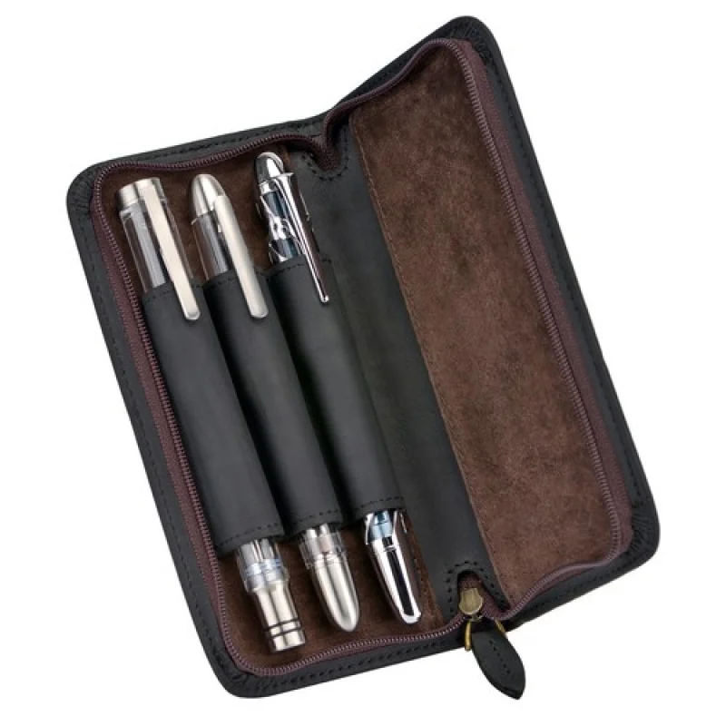 

A+ 3 Slots Vintage Handmade Crazy Horse Leather Fountain Rollerball Pen Case, Black