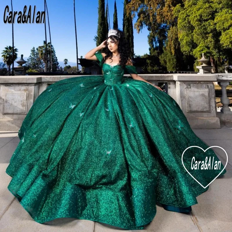 Vestido De baile De quinceañera con lentejuelas brillantes, escote corazón, sin hombros, 2023