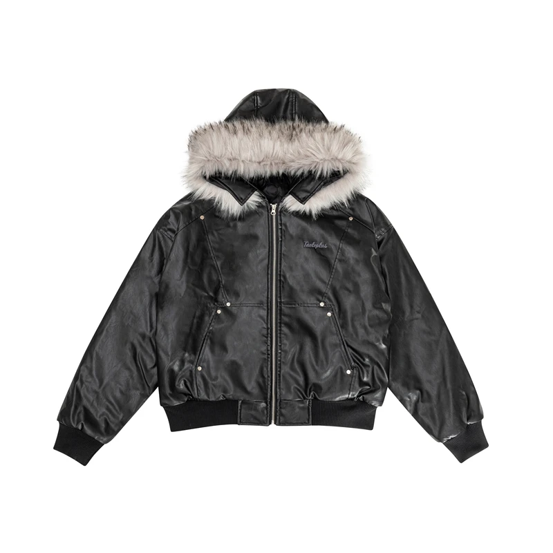 PFNW Herren-Jacke aus PU-Leder mit abnehmbarem Pelzkragen, schwarzer, mit Baumwolle gefütterter Mantel, Cleanfit, übergroße Silhouette, Winterkleidung 28W5498