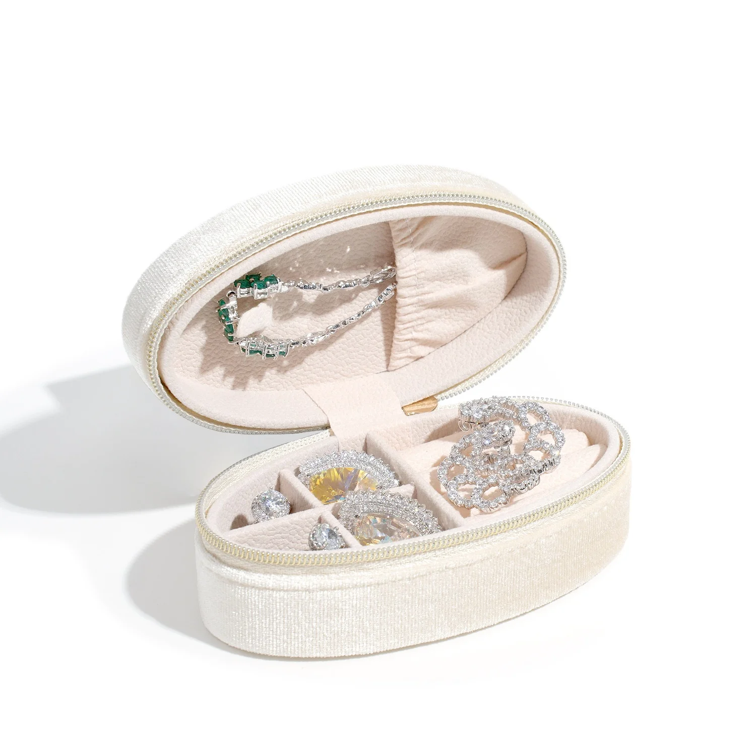 Retro Oval Velvet Mini Portable Jewelry Box For Rings Stud Earrings Bracelets Necklaces Storage Display Box Travel Zipper