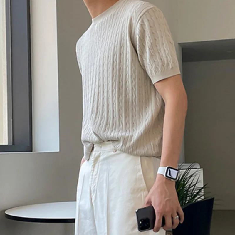 IEFB Korean Style Men's T-shirts Round Collar Solid Color Casual Tops Short Sleeve Loose Knitting Male Tops Spring Fashion 9W175