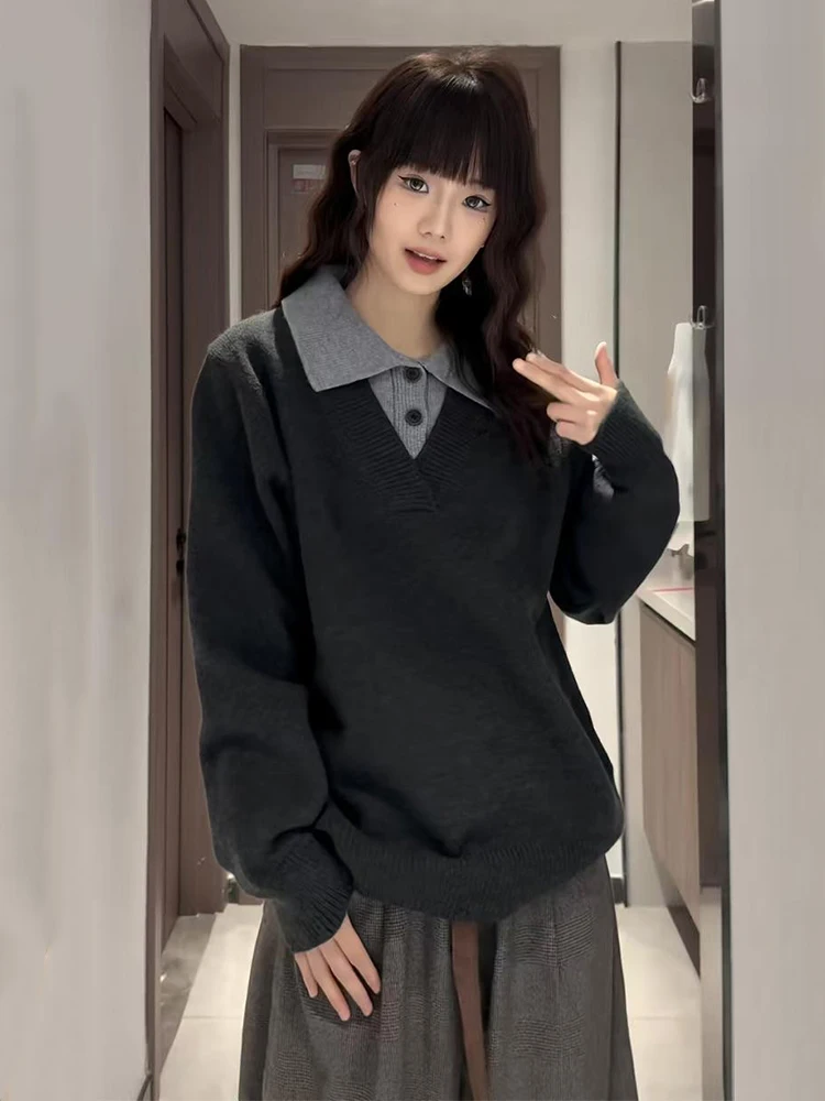 

Винтажный вязаный свитер с эффектом двухслойности для мужчин, зимний повседневный, с имитацией внутренней рубашки, премиум-класса, свободного кроя, с длинными рукавами