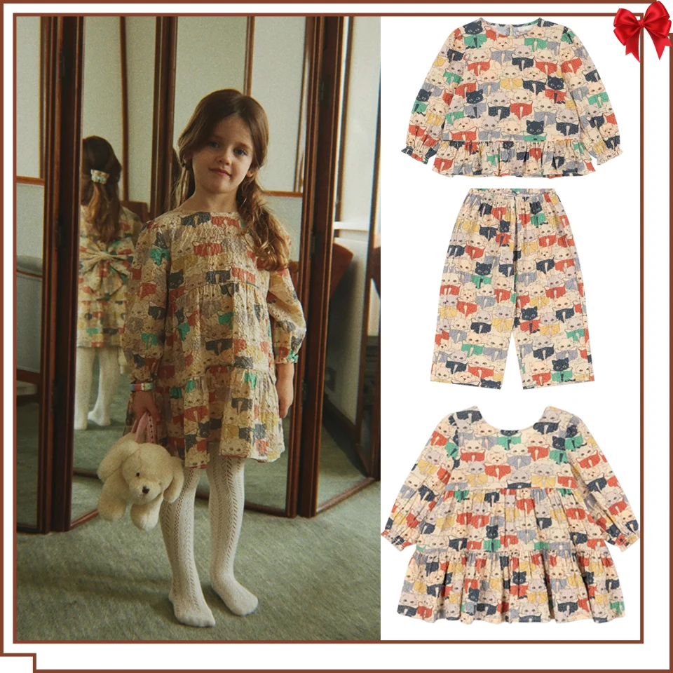Girls Pretty Homewear Dresses 2026 KS Autumn Girls Cute Cartoon Cats Long Sleeved Shirts Tops Pants Kids Children Clothes Set
