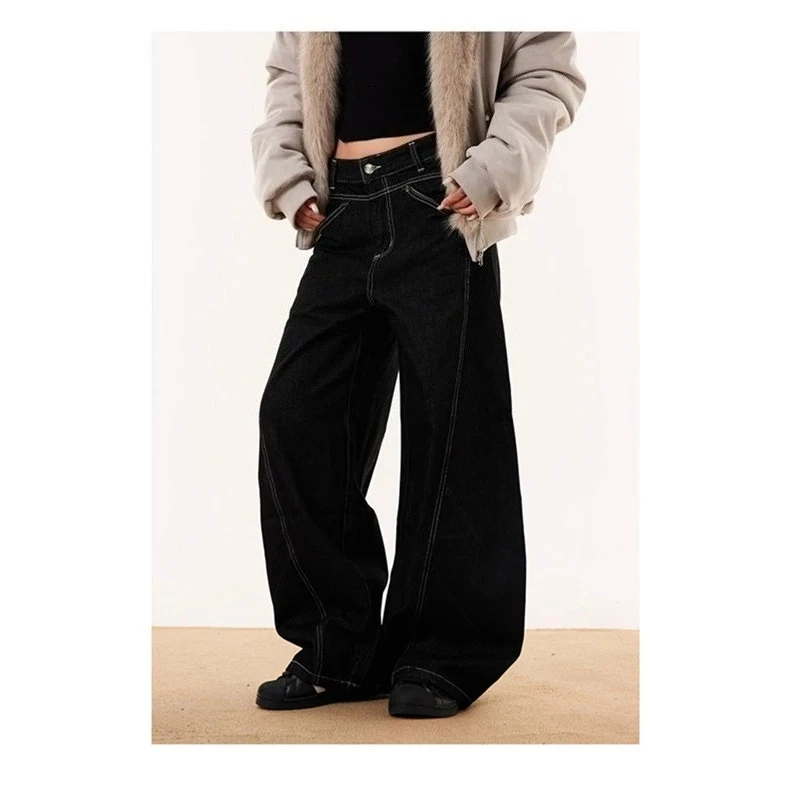 Dames gebogen wijde pijpen losse zwarte unisex jeans Streetstyle broek Cool Girl casual bodems Vrouwelijke hoge taille denim broek