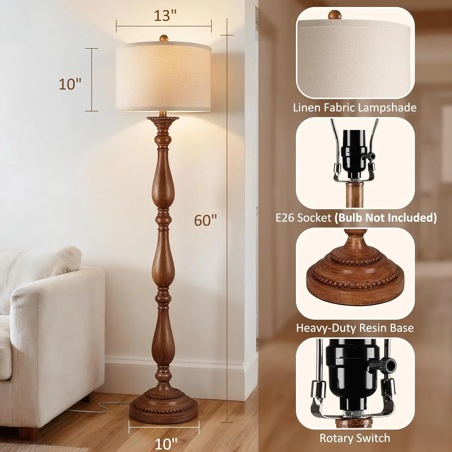 Wood‑Grain Retro‑Farmhouse Rustic Resin Standing Floor Lamp, Rotary‑Switch Control, Linen Lampshade, Decorative Lamp for Living‑Room, Bedroom, Corner & Dining‑Room House‑Decor