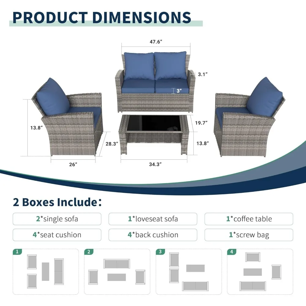 4 Pieces Patio Furniture Set,Wicker Outdoor Sectional Sofa Sets, Grey PE Rattan Patio Conversation Set Balcony, Porch, Blue