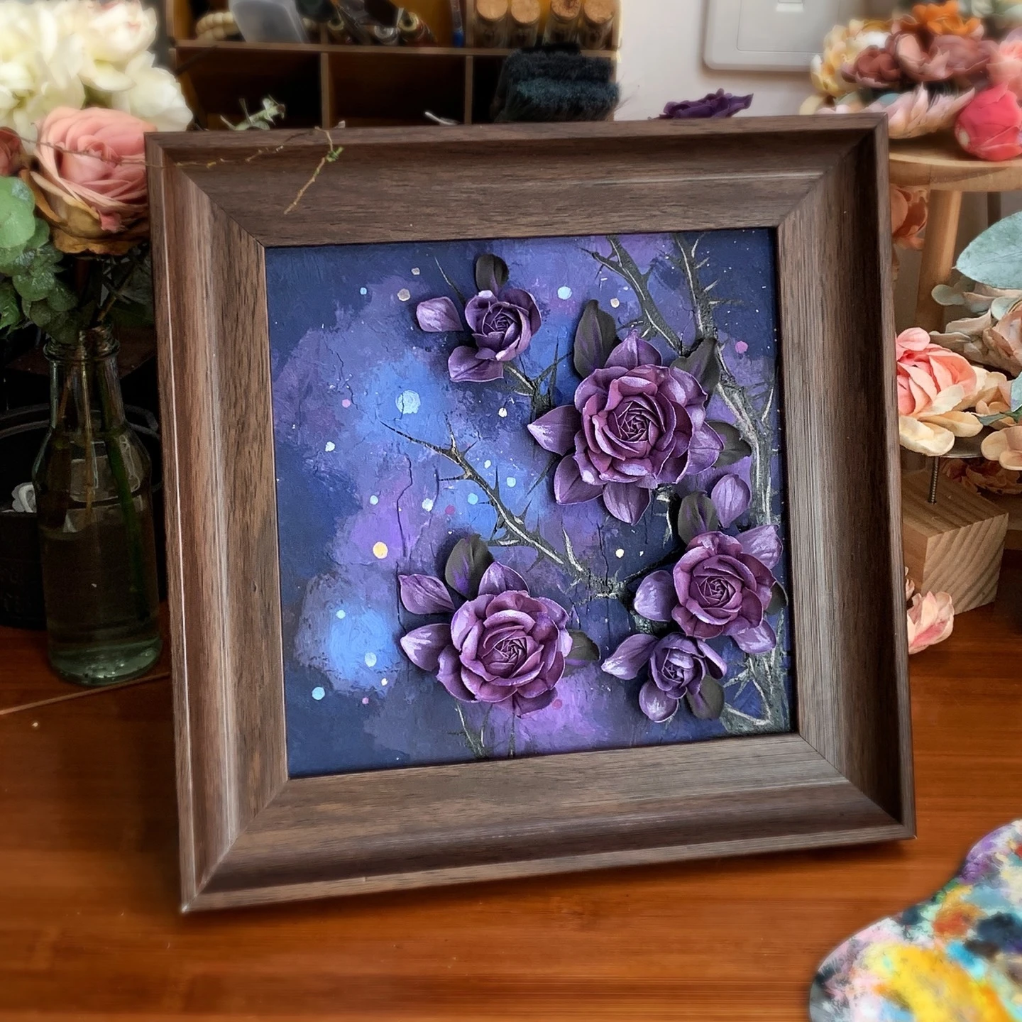 

0074 Rose in the dark night Handmade Clay Embossed Floral Wall Art Oil Acrylic Canvas Painting Decor 3D Relief Texture Vintage