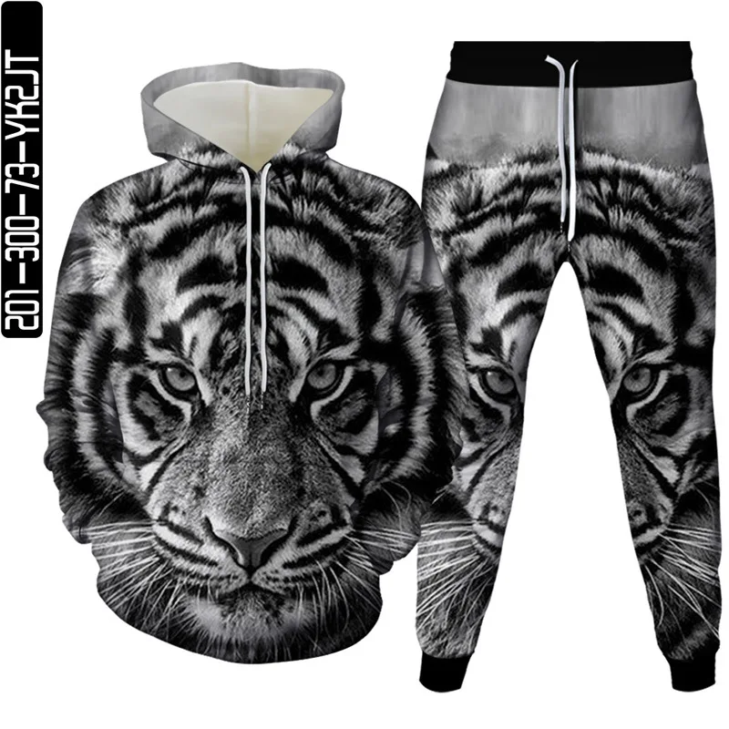 Conjunto de dos piezas con estampado 3D de Tigre y León para hombre, Sudadera con capucha, ropa deportiva de calle, Moda de Primavera