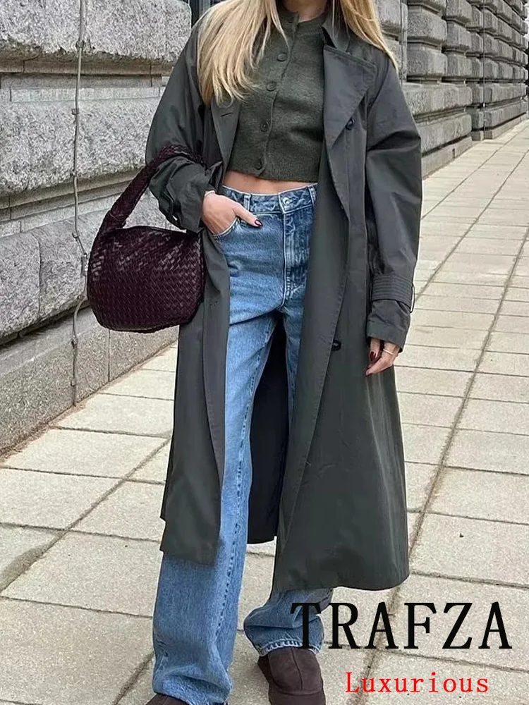 TRAFZA Casual Chic Sweter damski Solid O-Neck Jednorzędowe dzianinowe kardigany z długim rękawem Moda 2024 Swetry jesienno-zimowe