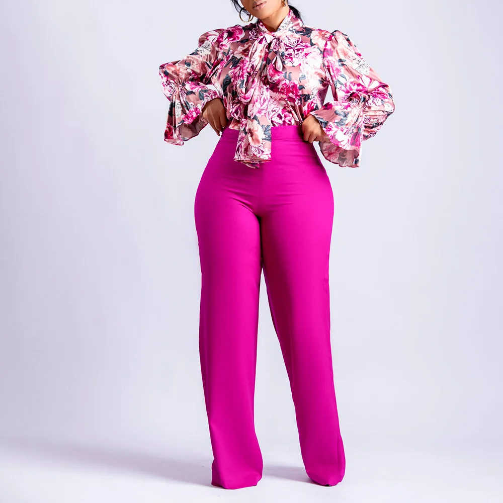 Elegant 2 Piece Set Autumn and Winter Casual Printed Long-Sleeved Shirt and Wide-Leg Pants Two-Piece Set for Women