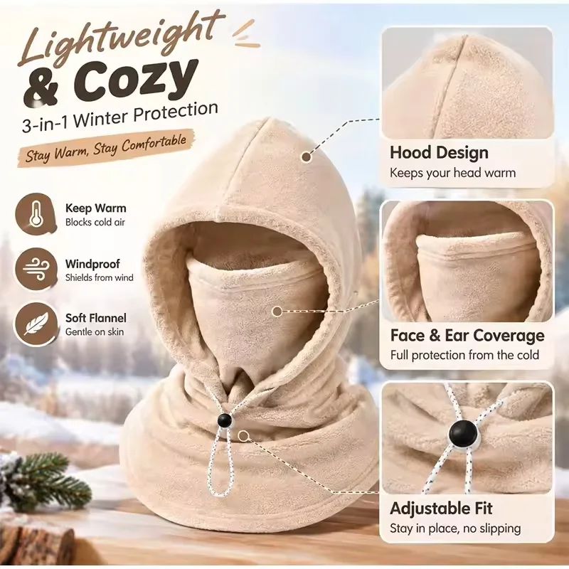 3-in-1 Fleece Double-layer Integrated Hat Windproof Warm Winter Flannel Warm Mask Hat Balaclava Hood Fleece Lined 360 Full Cove