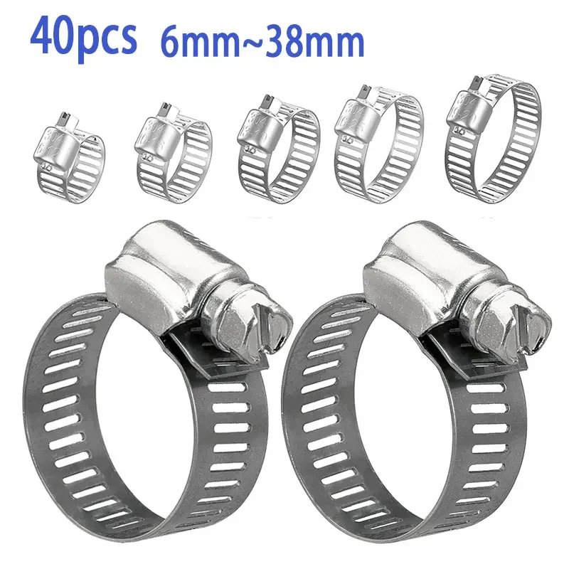 

40pcs Hose Clamp 7 Sizes Adjustable Pipe Tube Clamper 304 Stainless Steel Fixed Clips Plumbing Automotive Car Mechanical Clamps