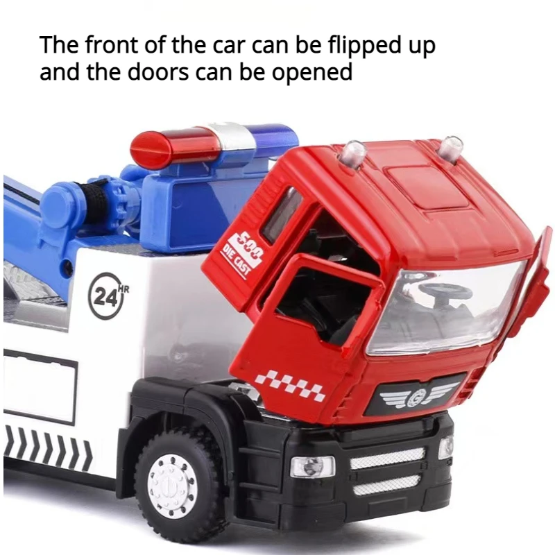 1/50 Scale Road Rescue Trailer Alloy Toy Model Trucks Metal Diecast Truck With Sound And Light Collection Toys For Children Gift