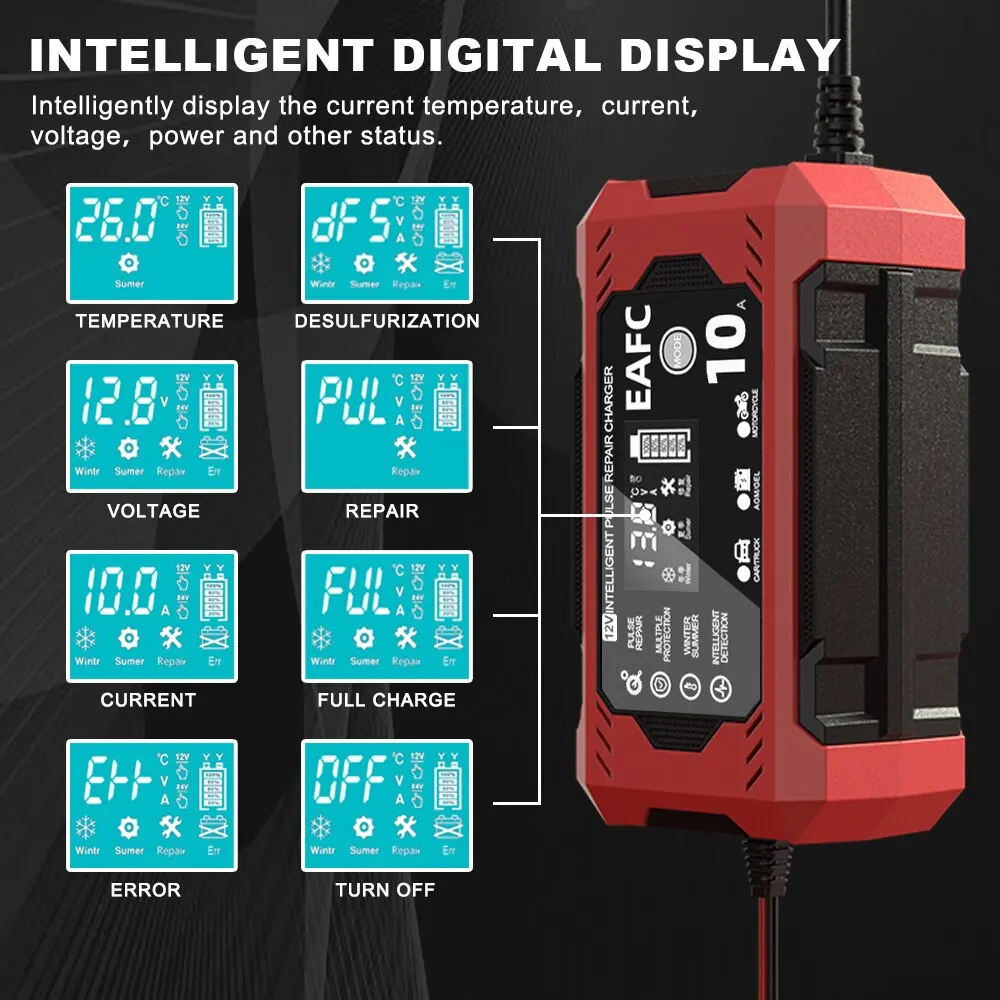 Cargador de batería inteligente para coche y motocicleta, dispositivo de carga rápida de 12V, 8A, 10A, pantalla táctil, reparación de pulso, pantalla LCD Digital