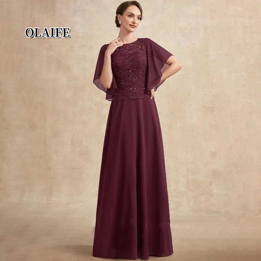 

New A-line Evening Scoop Dress Elegant And Pretty Women's Dresses Chiffon Lace Sequins Mother of the Bride Dresses Vestido