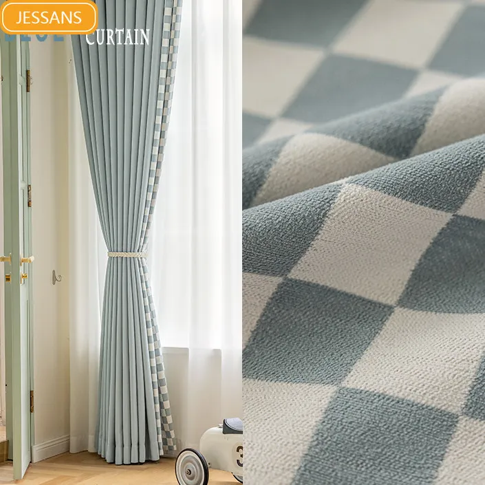 New Baby Blue Plaid Jacquard Splicing Chenille Curtains for Living Room Bedroom French Window Customized Products